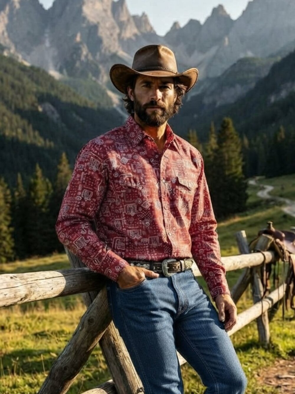 men's Wrangler red western style pearl snap paisley design shirt, size XL